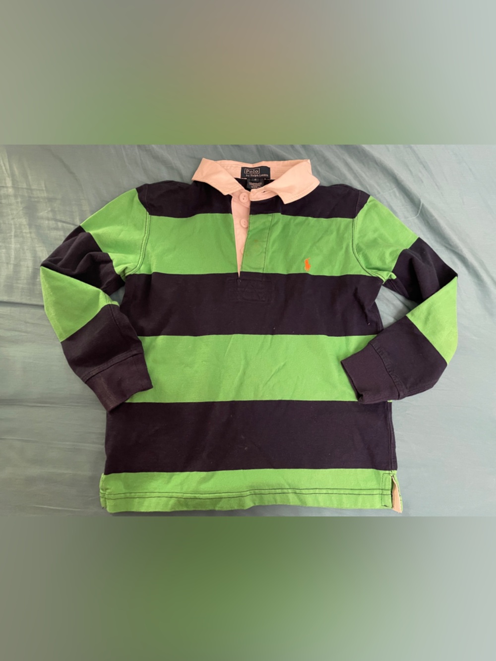EUC Polo Ralph Lauren cotton Green Navy Blue Striped Long Sleeve Top Boy Size 6